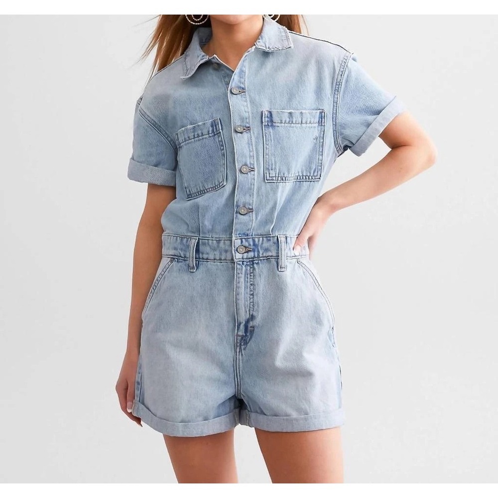 Hidden Jeans Dylan Denim Romper Light Wash Short Sleeve Utility HD8109-ML L